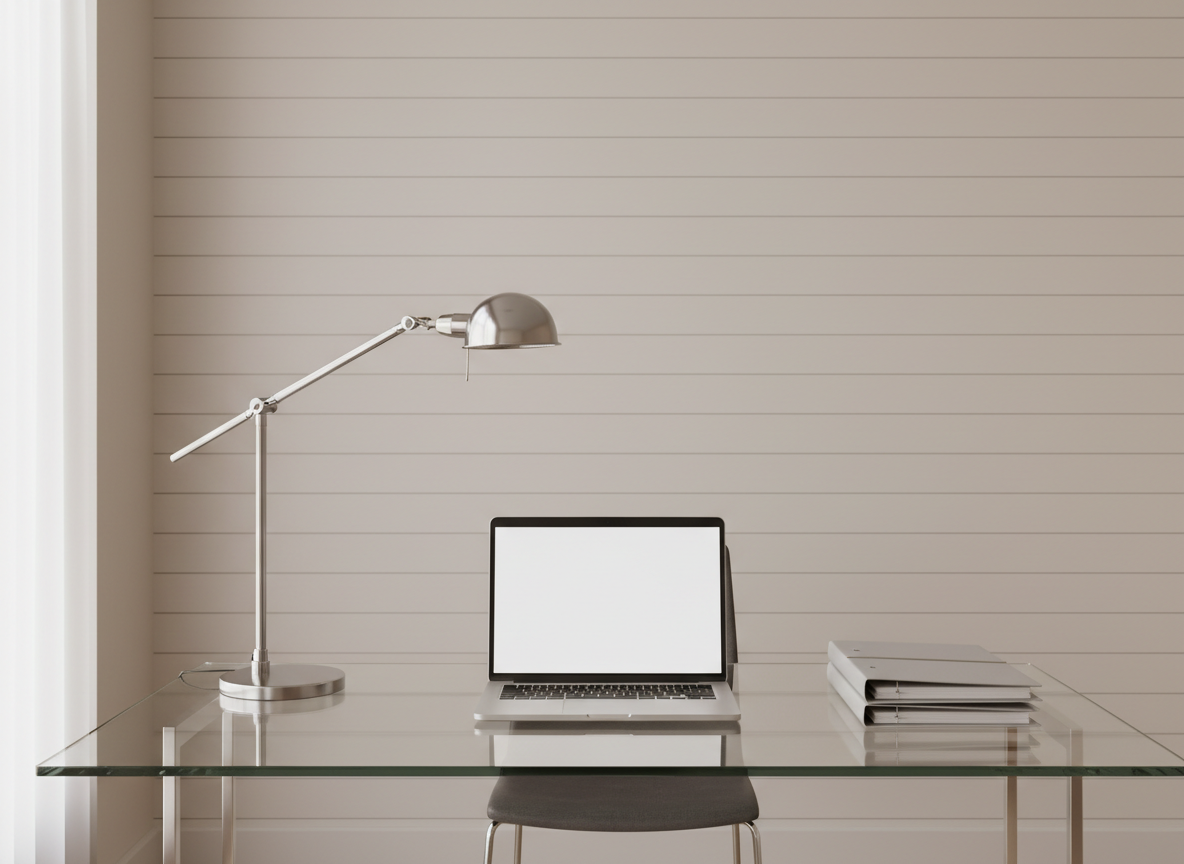 A sleek, modern workspace featuring a pristine glass desk with a matte silver laptop open and centered, flanked by a minimalist chrome desk lamp and neatly stacked, light grey presentation folders. The surface is perfectly clean, catching the reflection of the desk accessories. The desk is set against a backdrop of subtle, off-white paneling and soft neutral walls, conveying a highly structured, professional environment. Diffused daylight from a nearby window spreads gentle, even illumination throughout, creating subtle highlights on the glossy and metallic surfaces while avoiding harsh shadows. The overall mood is calm, focused, and sophisticated, perfectly suited to a corporate setting. The composition uses an eye-level perspective with balanced framing and photographic realism, reinforcing a clean, organized, and trustworthy marketing agency aesthetic.