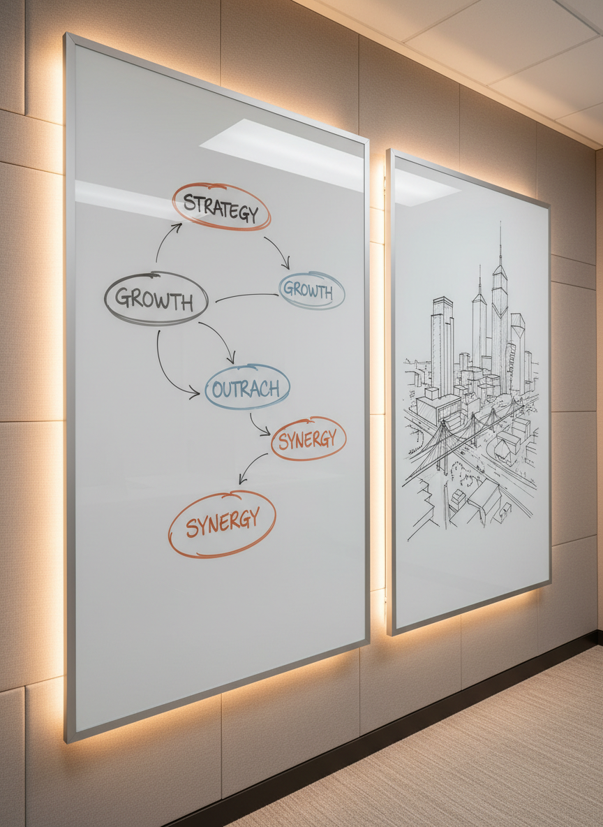 A close-up of an elegant, wall-mounted glass whiteboard featuring meticulously drawn marketing diagrams, arrows, and neatly handwritten keywords in muted marker tones. Beside the whiteboard, a brushed-aluminum frame contains an architectural sketch of a city skyline, implying growth and connection. The setting is a tastefully designed private office with neutral-colored acoustic panels and a soft-textured carpet beneath. Gentle, indirect LED lighting traces the whiteboard’s edges, casting soft shadows on the wall behind and emphasizing clean lines. The overall mood is innovative yet orderly, communicating strategic planning and forward-thinking. The image is captured from a slightly side-on perspective with a clean, structured composition and photographic realism, perfectly aligning with a high-end professional marketing consultancy.