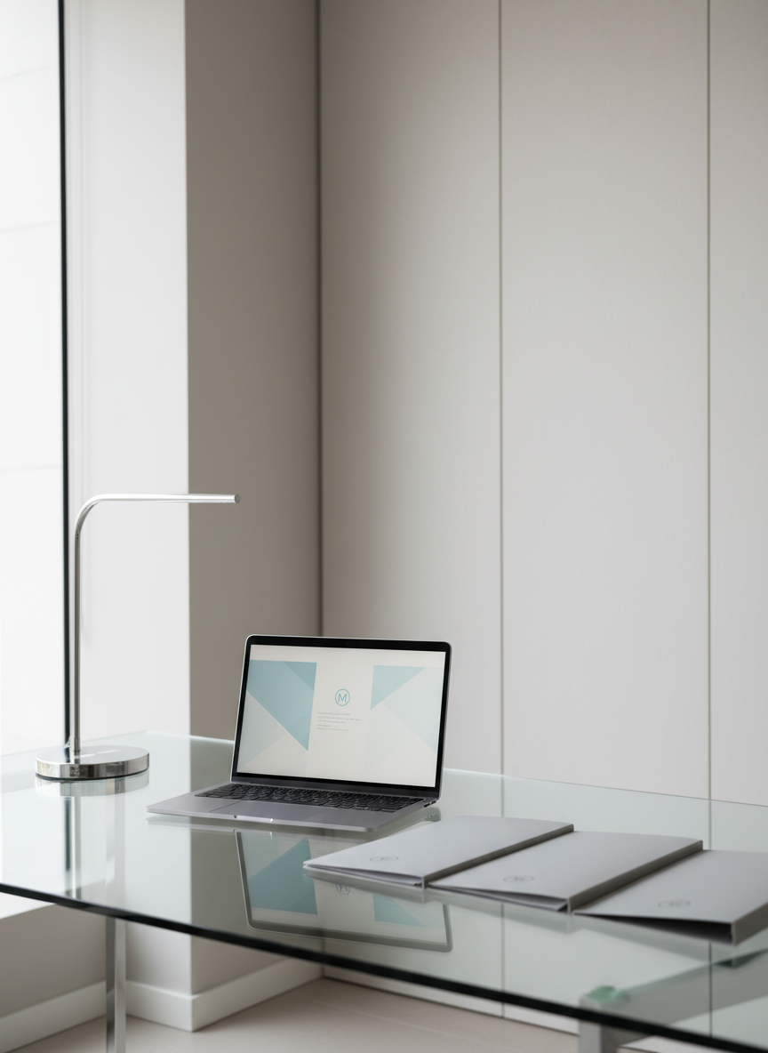 A sleek, modern workspace featuring a pristine glass desk with a matte silver laptop open and centered, flanked by a minimalist chrome desk lamp and neatly stacked, light grey presentation folders. The surface is perfectly clean, catching the reflection of the desk accessories. The desk is set against a backdrop of subtle, off-white paneling and soft neutral walls, conveying a highly structured, professional environment. Diffused daylight from a nearby window spreads gentle, even illumination throughout, creating subtle highlights on the glossy and metallic surfaces while avoiding harsh shadows. The overall mood is calm, focused, and sophisticated, perfectly suited to a corporate setting. The composition uses an eye-level perspective with balanced framing and photographic realism, reinforcing a clean, organized, and trustworthy marketing agency aesthetic.