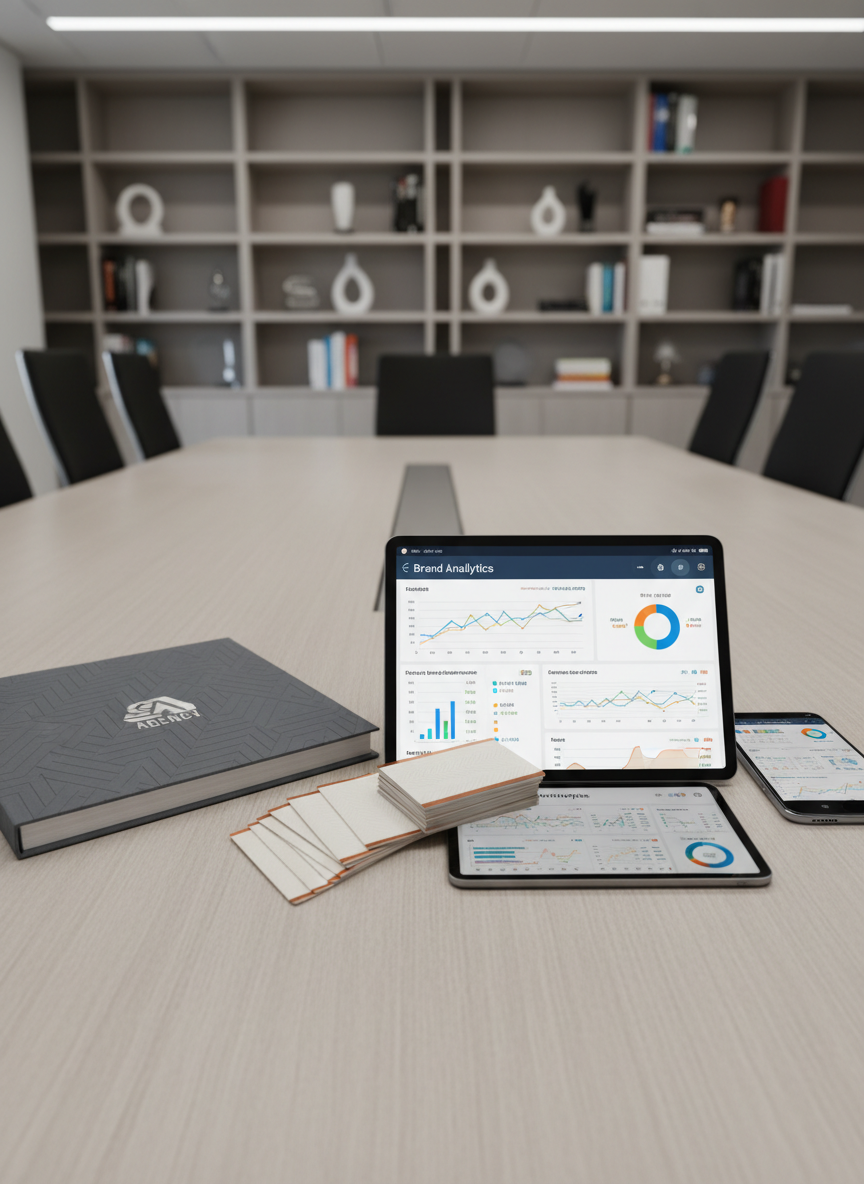 A collection of premium marketing materials, including a thick, embossed slate-grey presentation folder, a set of textured ivory business cards with subtle metallic accents, and glossy digital device screens displaying brand analytics dashboards. These are carefully arranged on a structured, neutral-toned conference table with faint linear grain. The background is softly out of focus, offering hints of corporate shelving and understated decor. Cool, diffused artificial overhead lights provide balanced illumination, highlighting the quality materials and crisp edges without overpowering shine. The atmosphere is polished, elevated, and confident. Framed from a slight angle above the table with rule-of-thirds composition, the aesthetic is professional, clean, and modern, tailored to demonstrate the agency’s expertise in both digital and offline marketing deliverables.