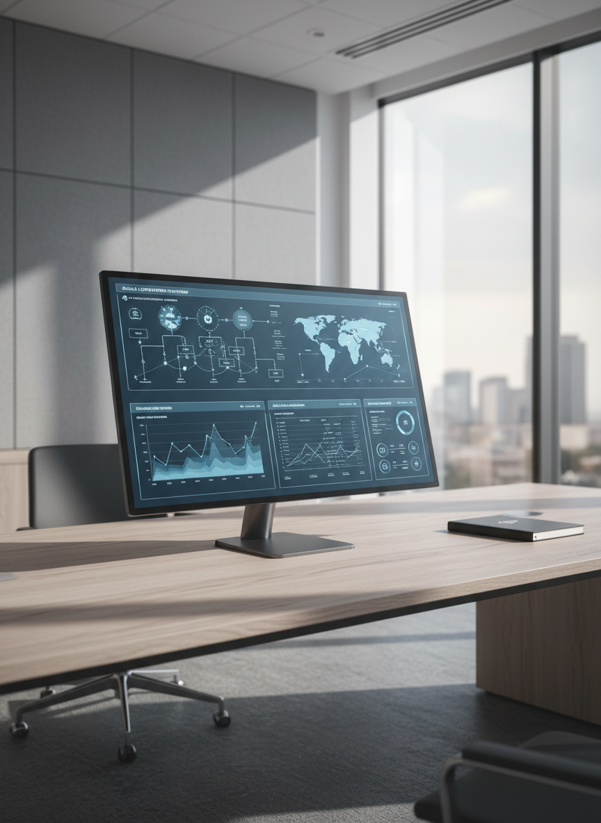 A visually striking digital dashboard displayed on a large, ultra-thin monitor, showing detailed analytics and dynamic data visualizations in subtle blue and slate-grey tones. The monitor rests atop a minimalist executive desk made of smooth, light ash wood, with just a single closed matte-black notebook beside it. The setting is an expansive office suite with clean architectural lines, floor-to-ceiling glass, and muted grey fabric wall panels. Natural afternoon light filters through the glass, casting soft, structured highlights and faint geometric shadows across the surfaces. The scene feels modern, data-driven, and composed, evoking quiet confidence in technological expertise. The photographic composition uses a gentle wide-angle lens focused on the screen, with a balanced, slightly off-center placement. The artistic style is clean, neutral-toned, and corporate.