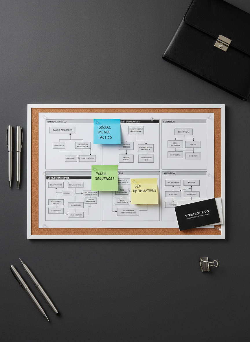 A flat lay composition of a meticulously arranged marketing strategy board, featuring neatly pinned printouts of campaign flowcharts, color-coded sticky notes, and sleek black-and-white business cards atop a matte charcoal tabletop. The board is positioned under soft, even studio lighting that accentuates the orderly layout and crisp lines without introducing glare. Scattered metallic silver pens and a closed leather portfolio add a touch of sophistication along the edges. The mood is analytical and professional, radiating precision and strategic thinking. Captured from directly above for a methodical bird's-eye view, the image highlights a modern, uncluttered, and balanced composition. The style is photographic and clean, reflecting the agency’s commitment to clarity, structure, and impactful visual communication.
